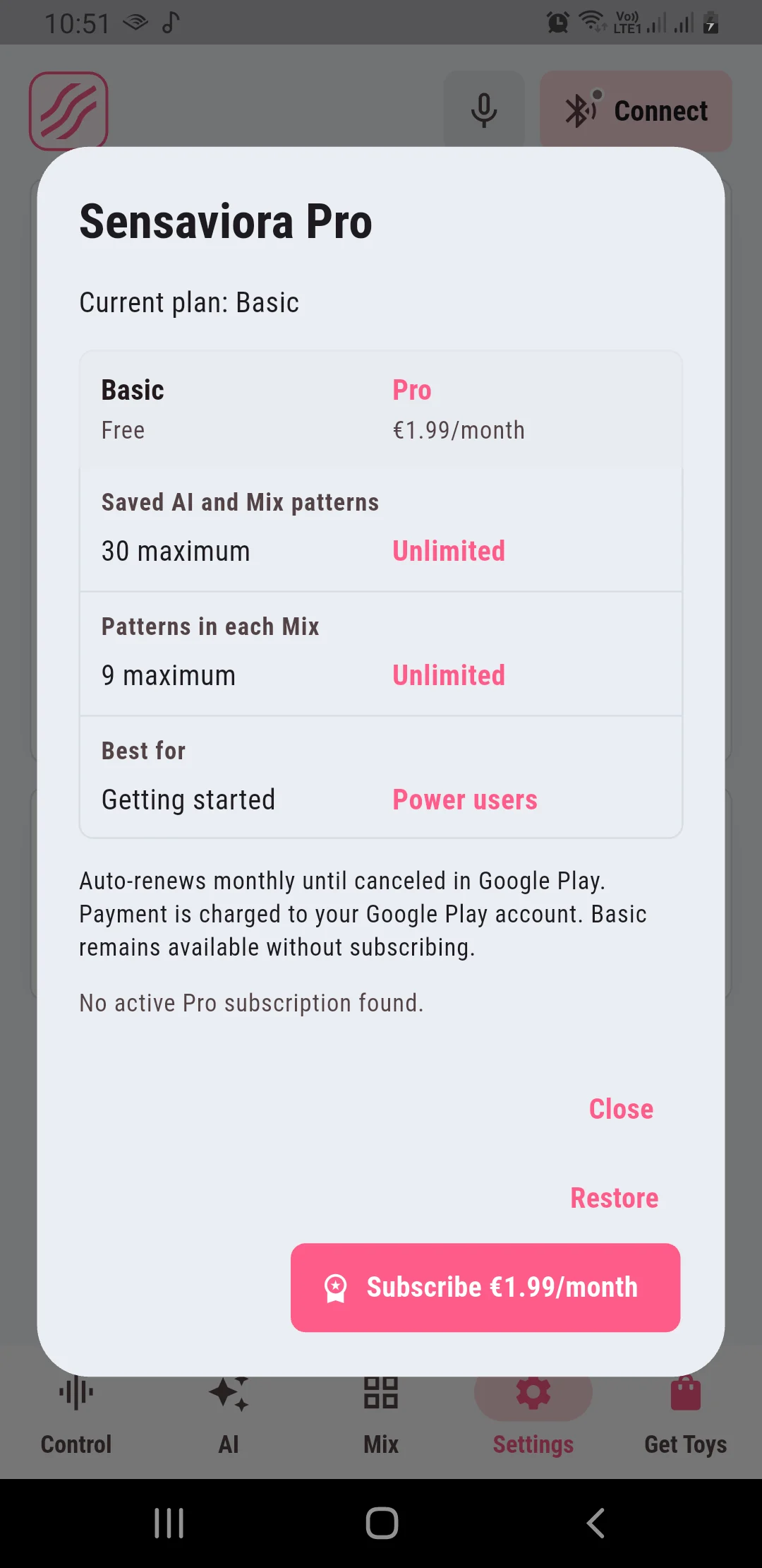 Sensaviora Basic and Pro plan comparison with an example localized Google Play monthly price