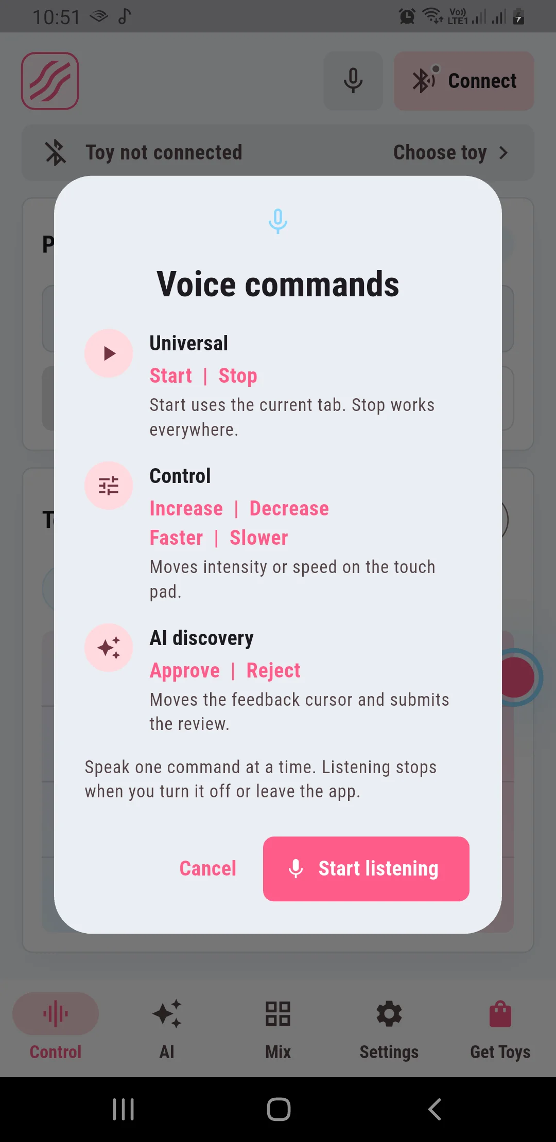 Sensaviora voice command guide showing Start, Stop, Control, and AI Discovery commands